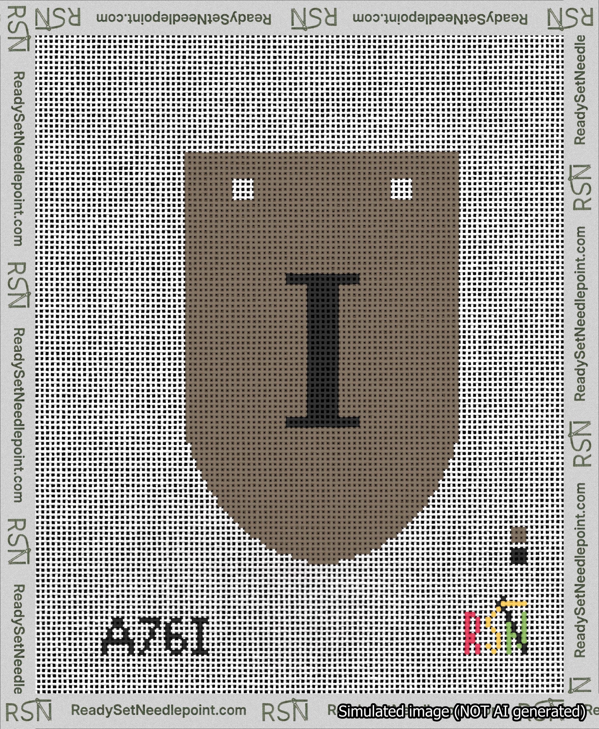 A taped needlepoint canvas with the design: Banner 13 mesh count Rounded I Black on Brown.