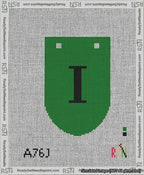 A taped needlepoint canvas with the design: Banner 13 mesh count Rounded I Black on Green.