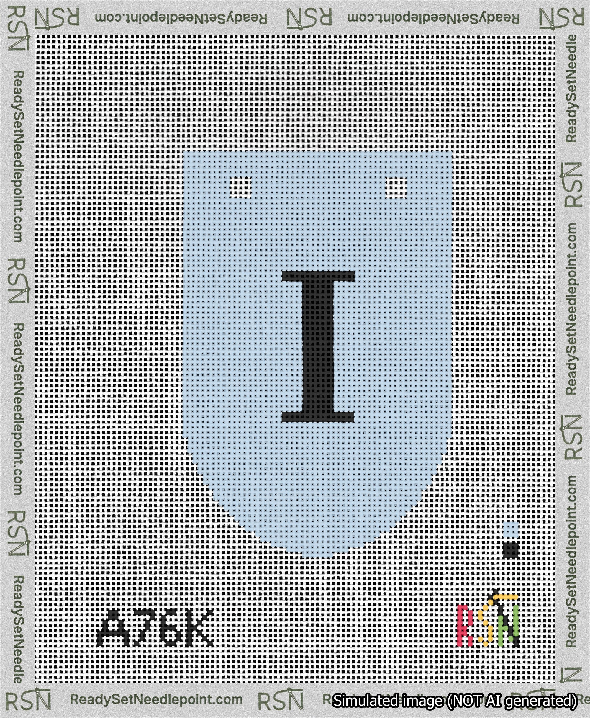 A taped needlepoint canvas with the design: Banner 13 mesh count Rounded I Black on Light Blue.