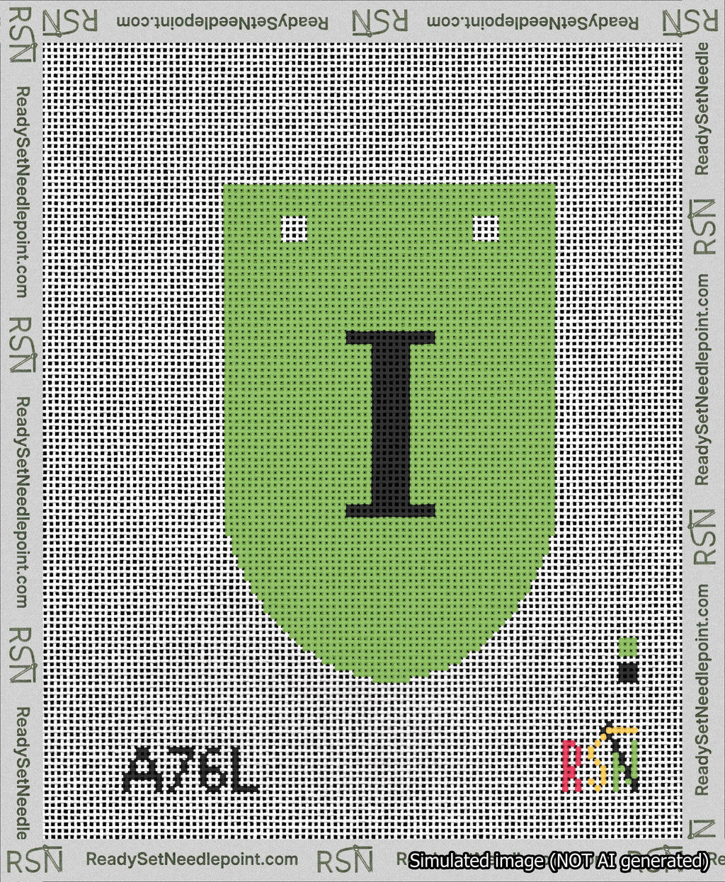 A taped needlepoint canvas with the design: Banner 13 mesh count Rounded I Black on Light Green.