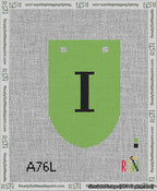 A taped needlepoint canvas with the design: Banner 13 mesh count Rounded I Black on Light Green.