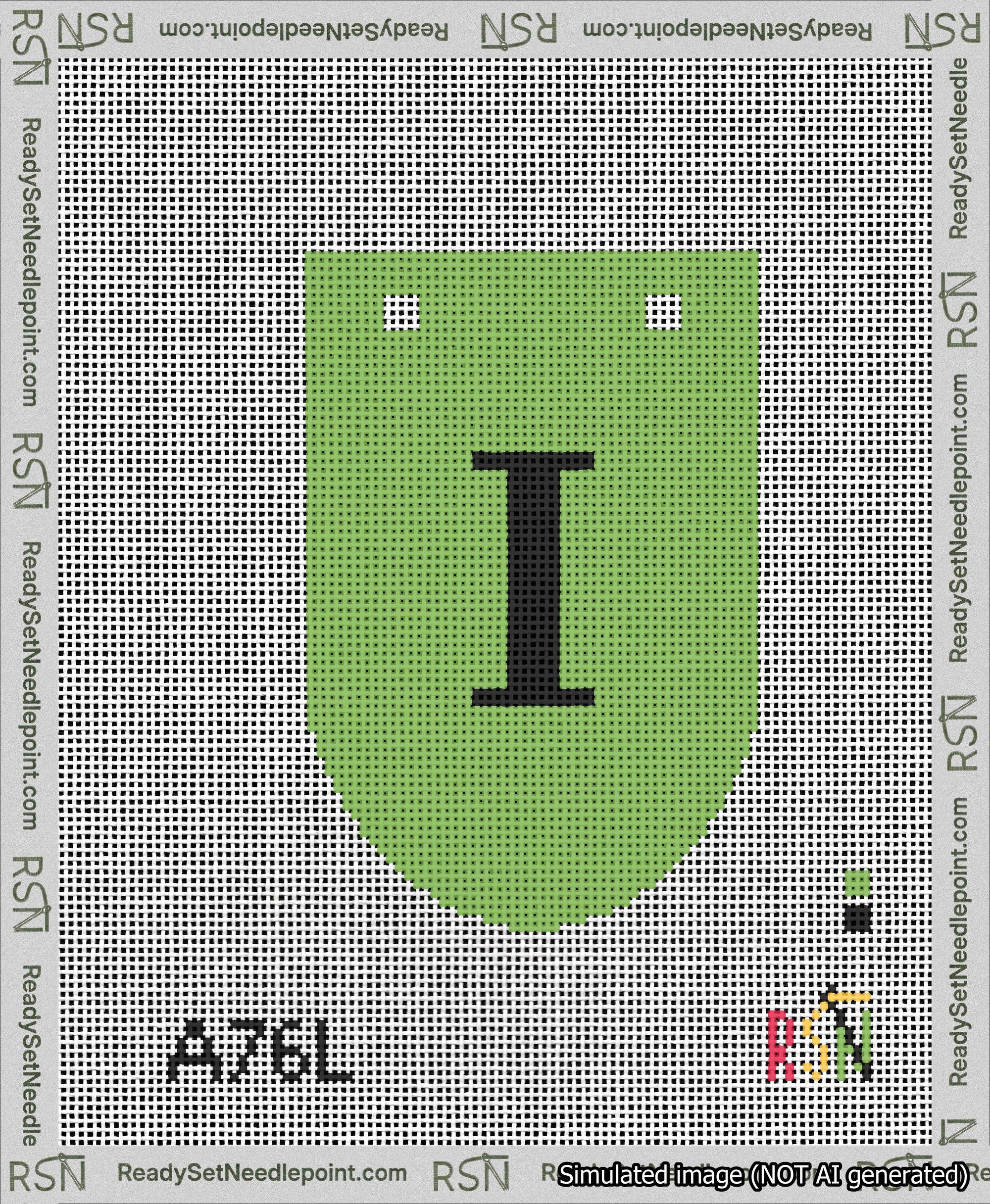 A taped needlepoint canvas with the design: Banner 13 mesh count Rounded I Black on Light Green.