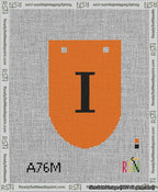 A taped needlepoint canvas with the design: Banner 13 mesh count Rounded I Black on Orange.