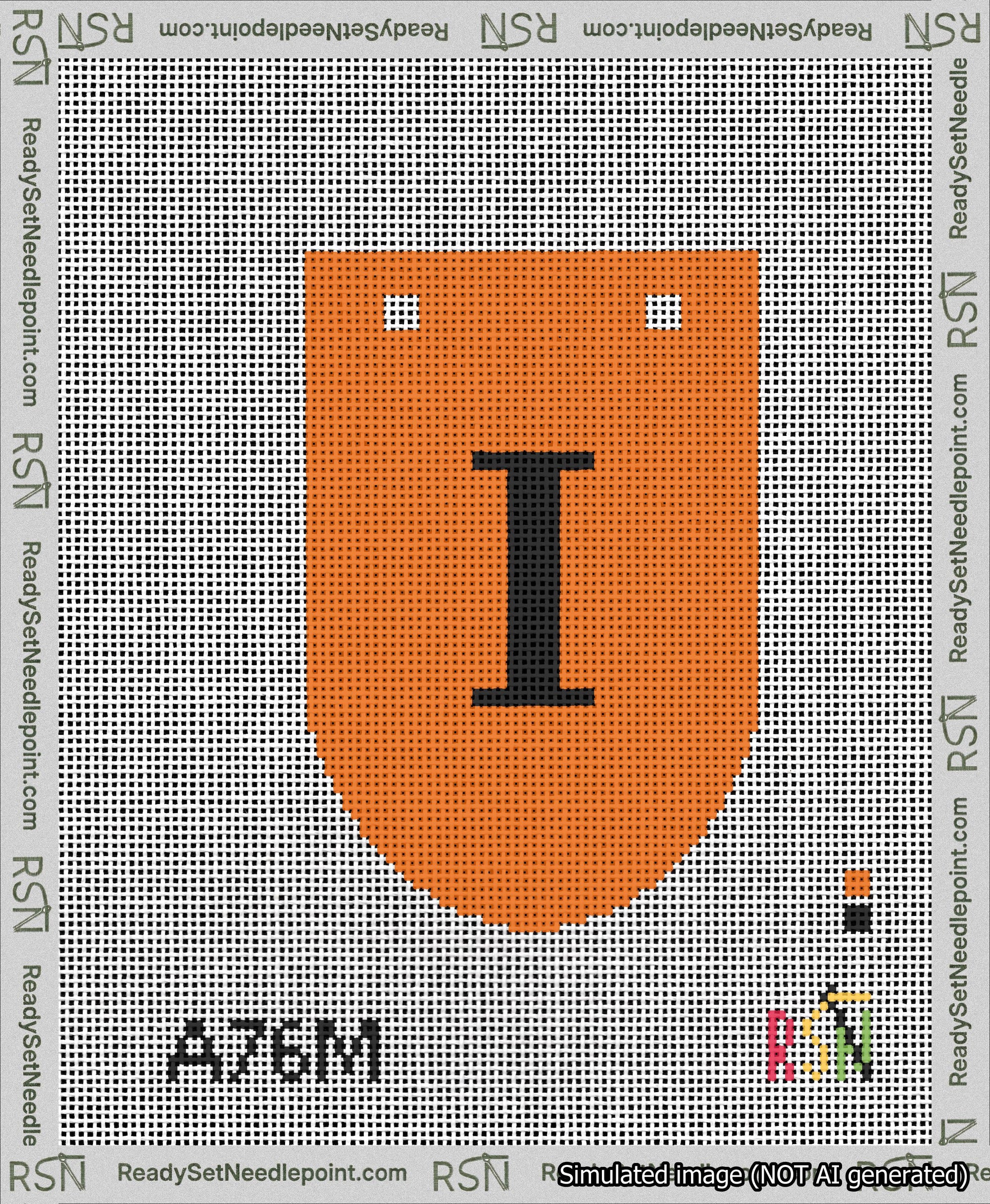A taped needlepoint canvas with the design: Banner 13 mesh count Rounded I Black on Orange.