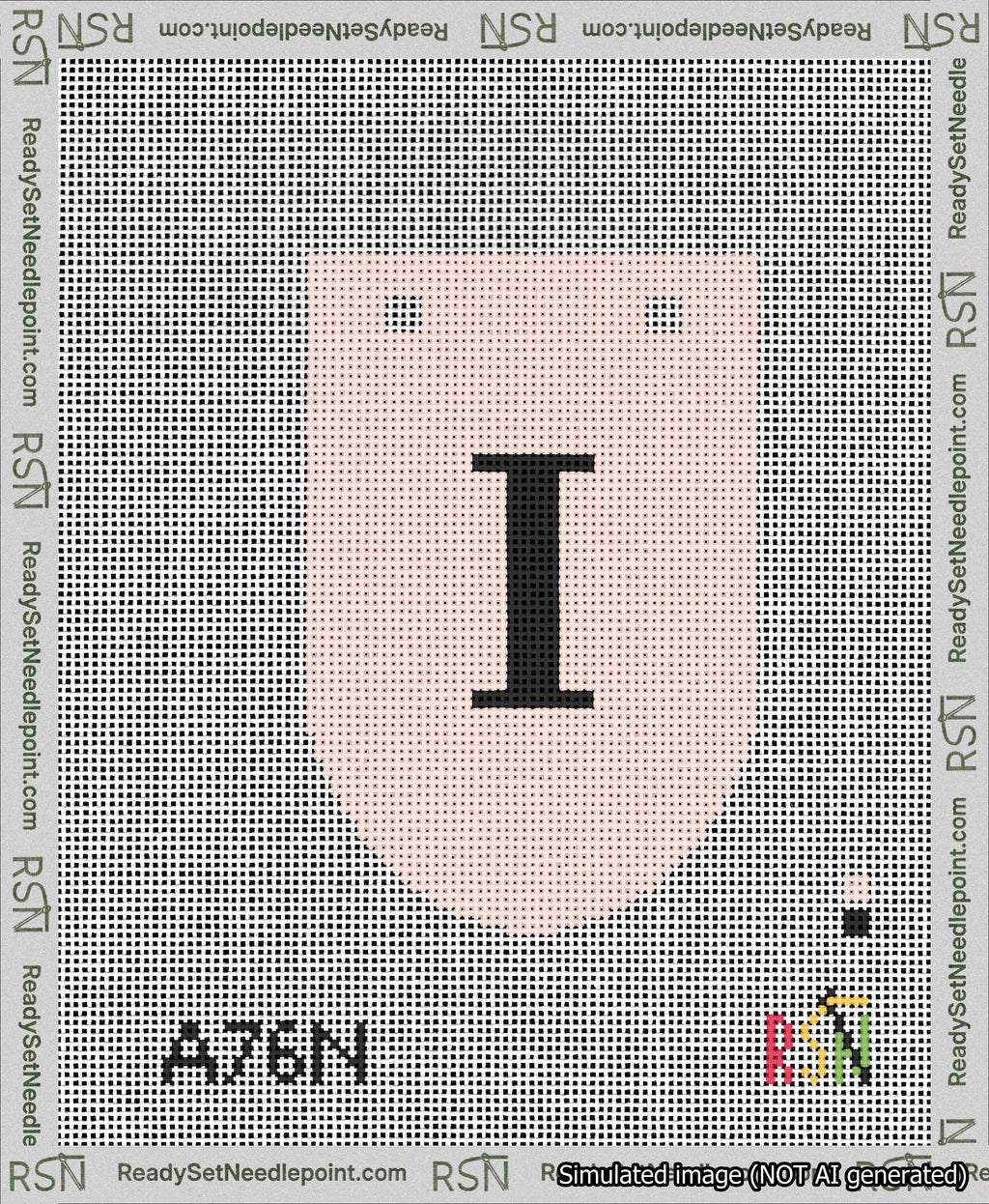 A taped needlepoint canvas with the design: Banner 13 mesh count Rounded I Black on Pink.