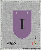A taped needlepoint canvas with the design: Banner 13 mesh count Rounded I Black on Purple.