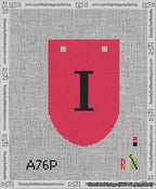 A taped needlepoint canvas with the design: Banner 13 mesh count Rounded I Black on Red.