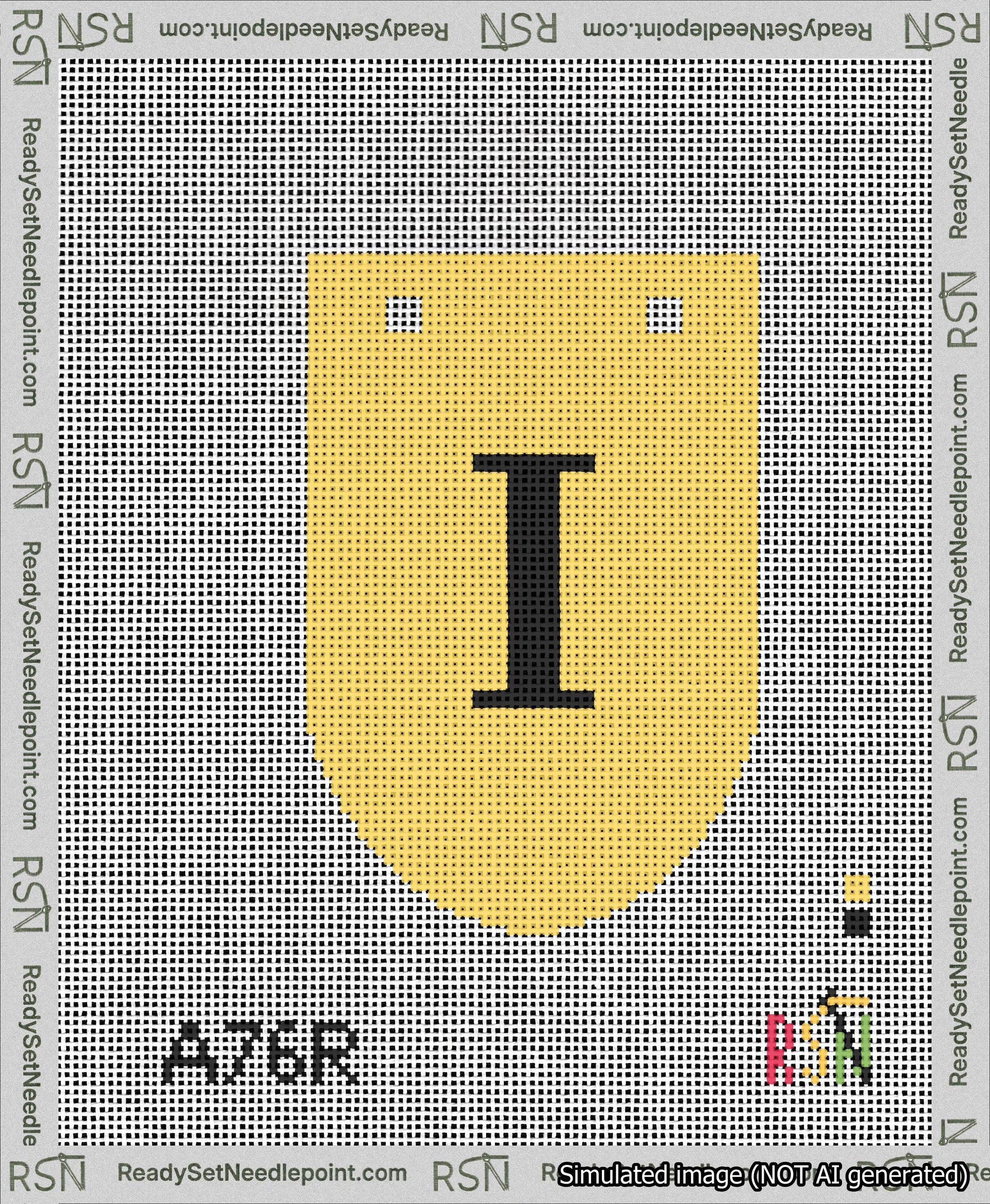 A taped needlepoint canvas with the design: Banner 13 mesh count Rounded I Black on Yellow.