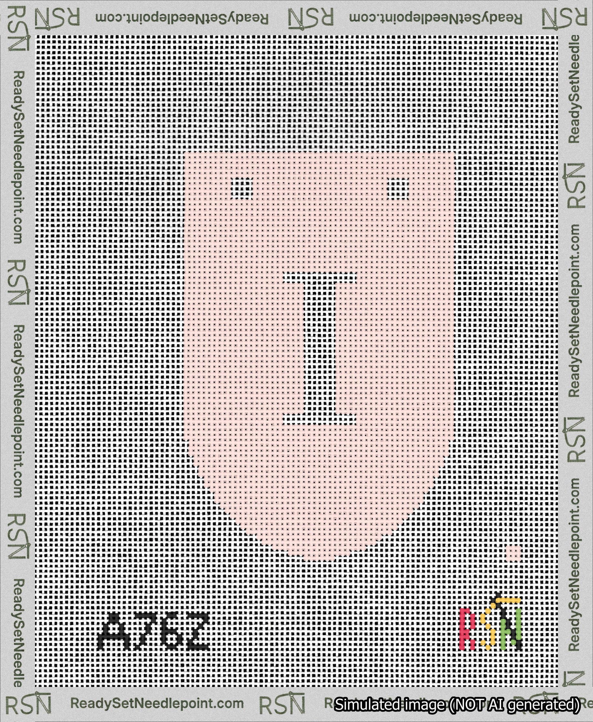 A taped needlepoint canvas with the design: Banner 13 mesh count Rounded I White on Pink.