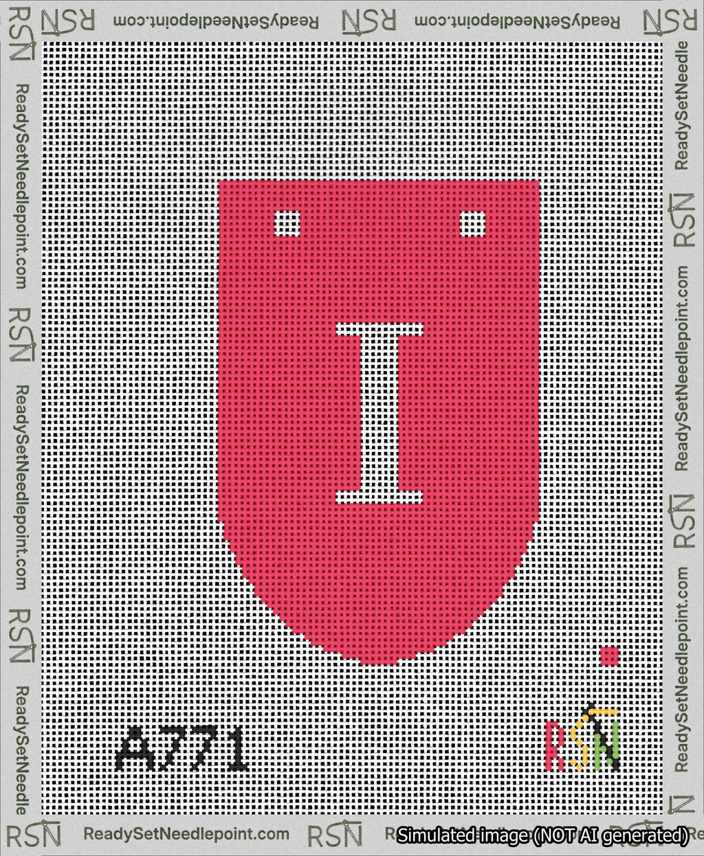 A taped needlepoint canvas with the design: Banner 13 mesh count Rounded I White on Red.