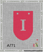A taped needlepoint canvas with the design: Banner 13 mesh count Rounded I White on Red.