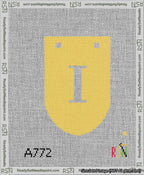 A taped needlepoint canvas with the design: Banner 13 mesh count Rounded I White on Yellow.