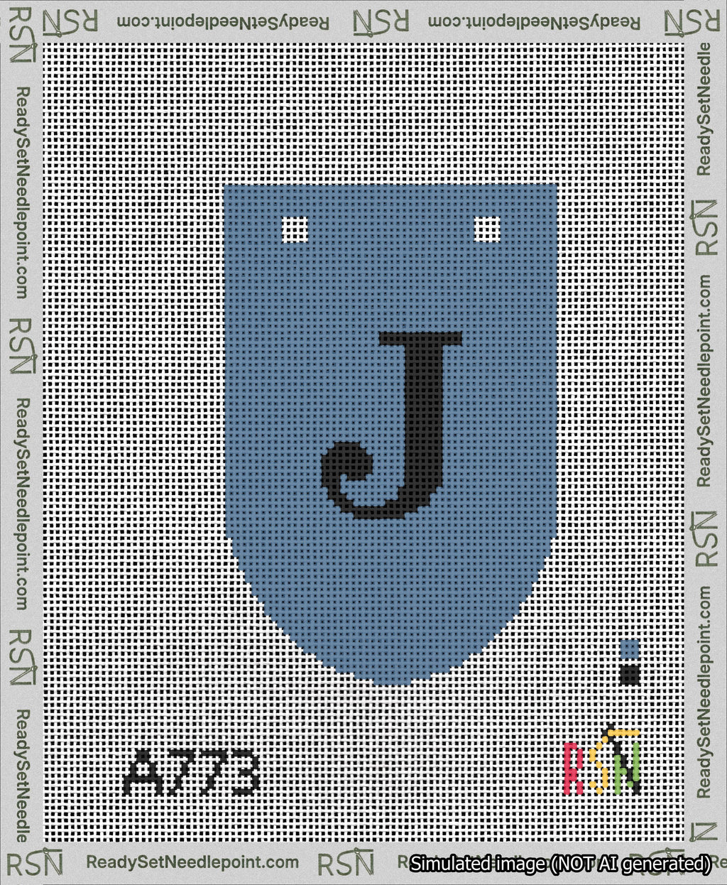A taped needlepoint canvas with the design: Banner 13 mesh count Rounded J Black on Blue.