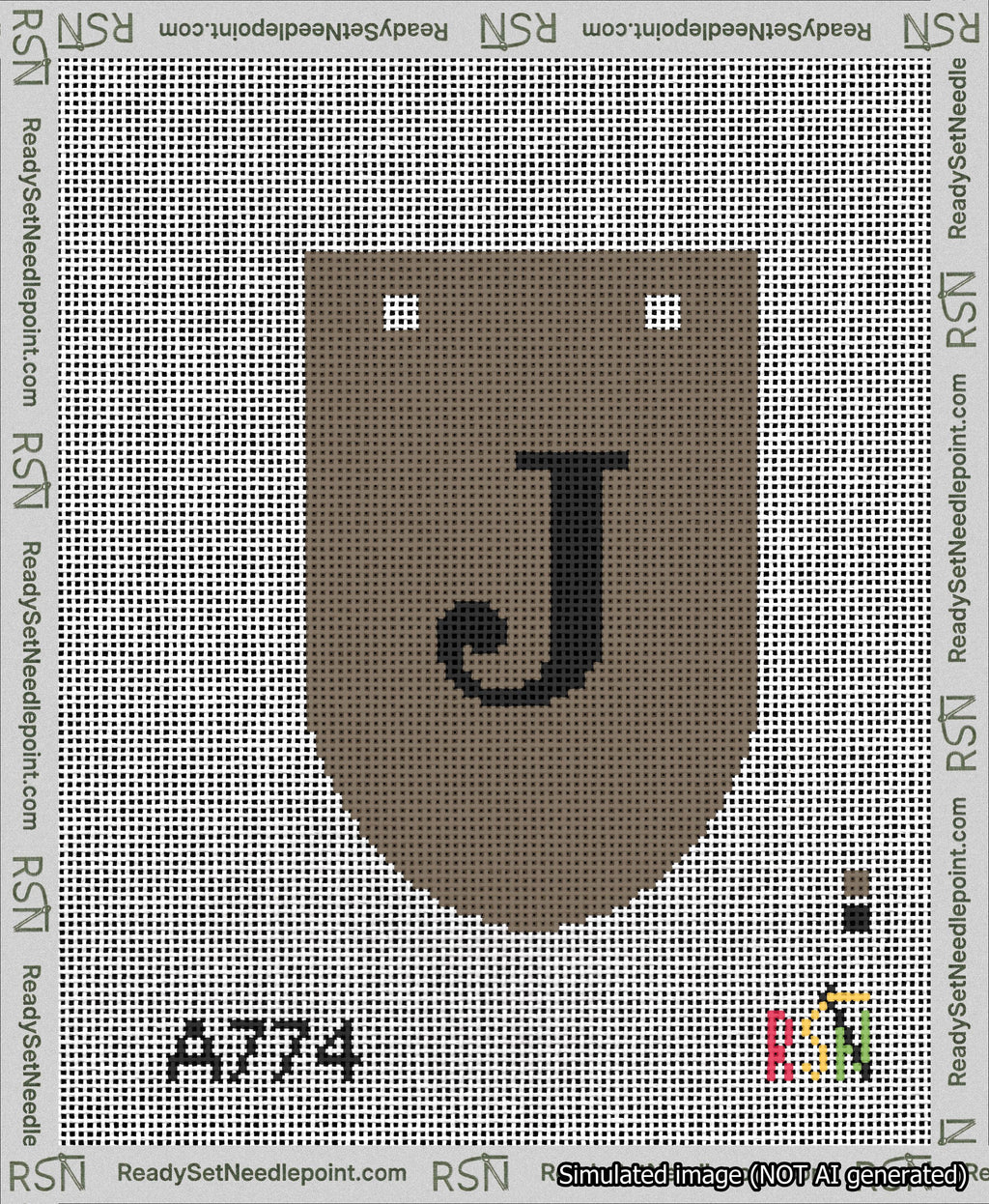 A taped needlepoint canvas with the design: Banner 13 mesh count Rounded J Black on Brown.
