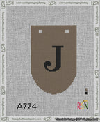 A taped needlepoint canvas with the design: Banner 13 mesh count Rounded J Black on Brown.