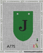A taped needlepoint canvas with the design: Banner 13 mesh count Rounded J Black on Green.