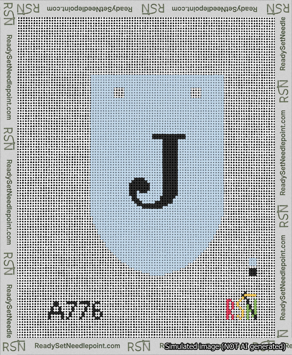 A taped needlepoint canvas with the design: Banner 13 mesh count Rounded J Black on Light Blue.