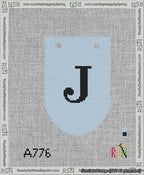 A taped needlepoint canvas with the design: Banner 13 mesh count Rounded J Black on Light Blue.