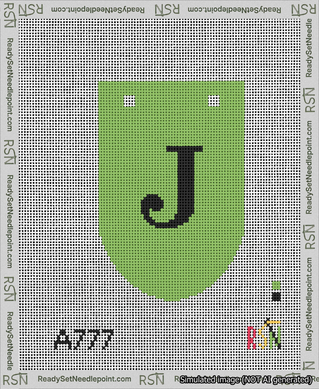 A taped needlepoint canvas with the design: Banner 13 mesh count Rounded J Black on Light Green.