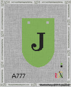 A taped needlepoint canvas with the design: Banner 13 mesh count Rounded J Black on Light Green.