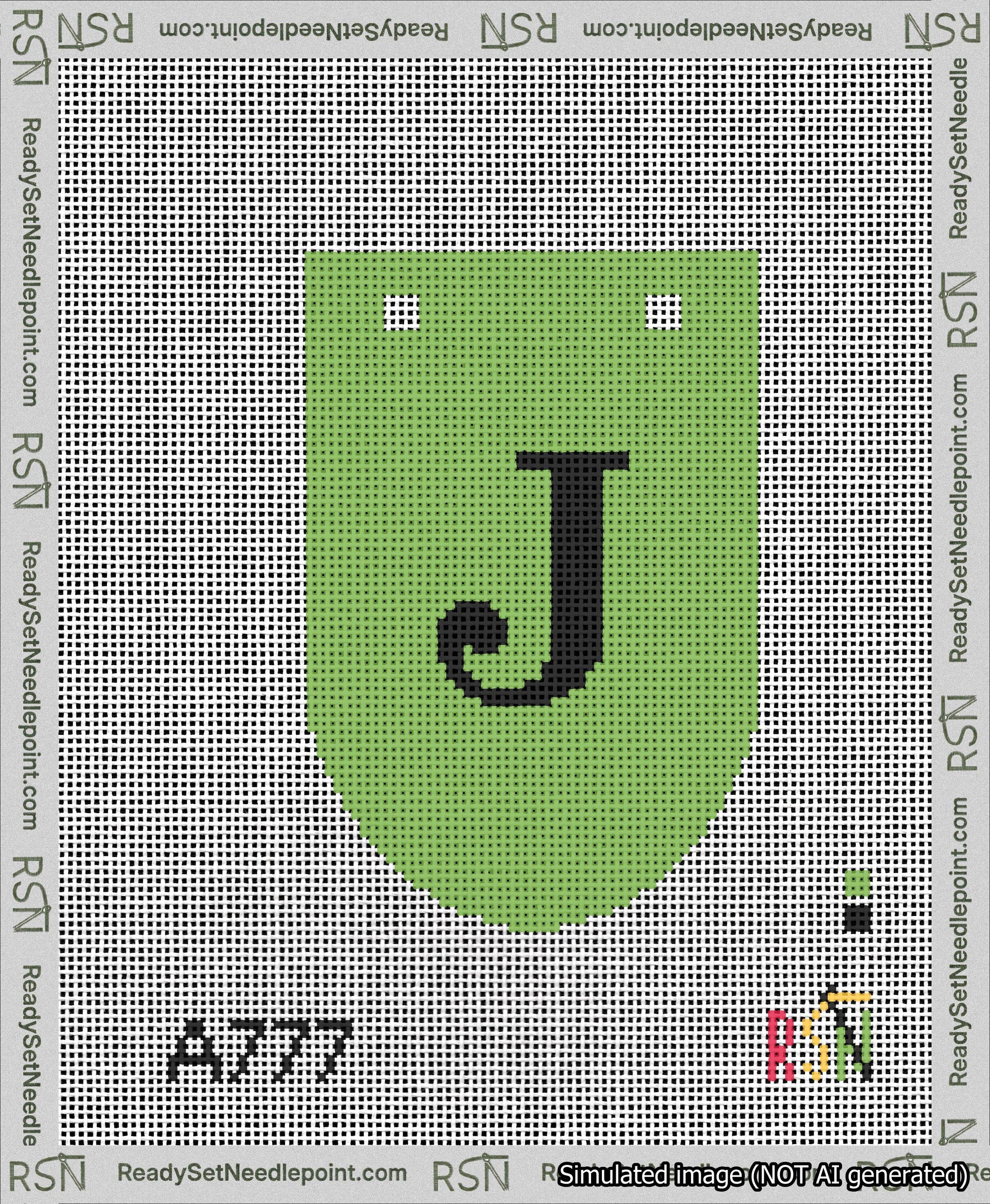 A taped needlepoint canvas with the design: Banner 13 mesh count Rounded J Black on Light Green.