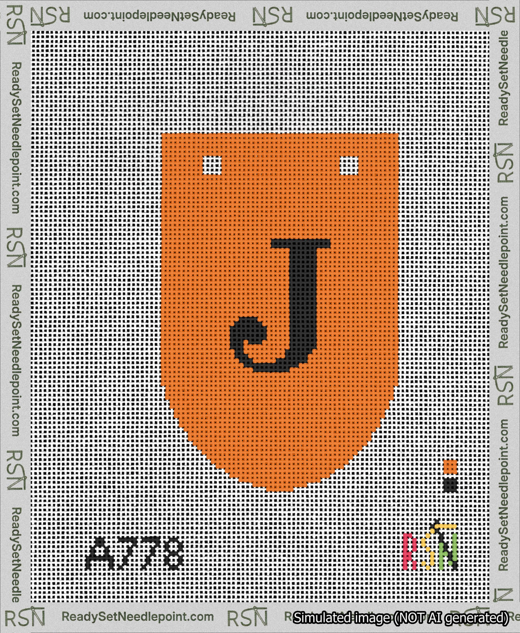 A taped needlepoint canvas with the design: Banner 13 mesh count Rounded J Black on Orange.