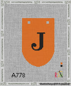 A taped needlepoint canvas with the design: Banner 13 mesh count Rounded J Black on Orange.