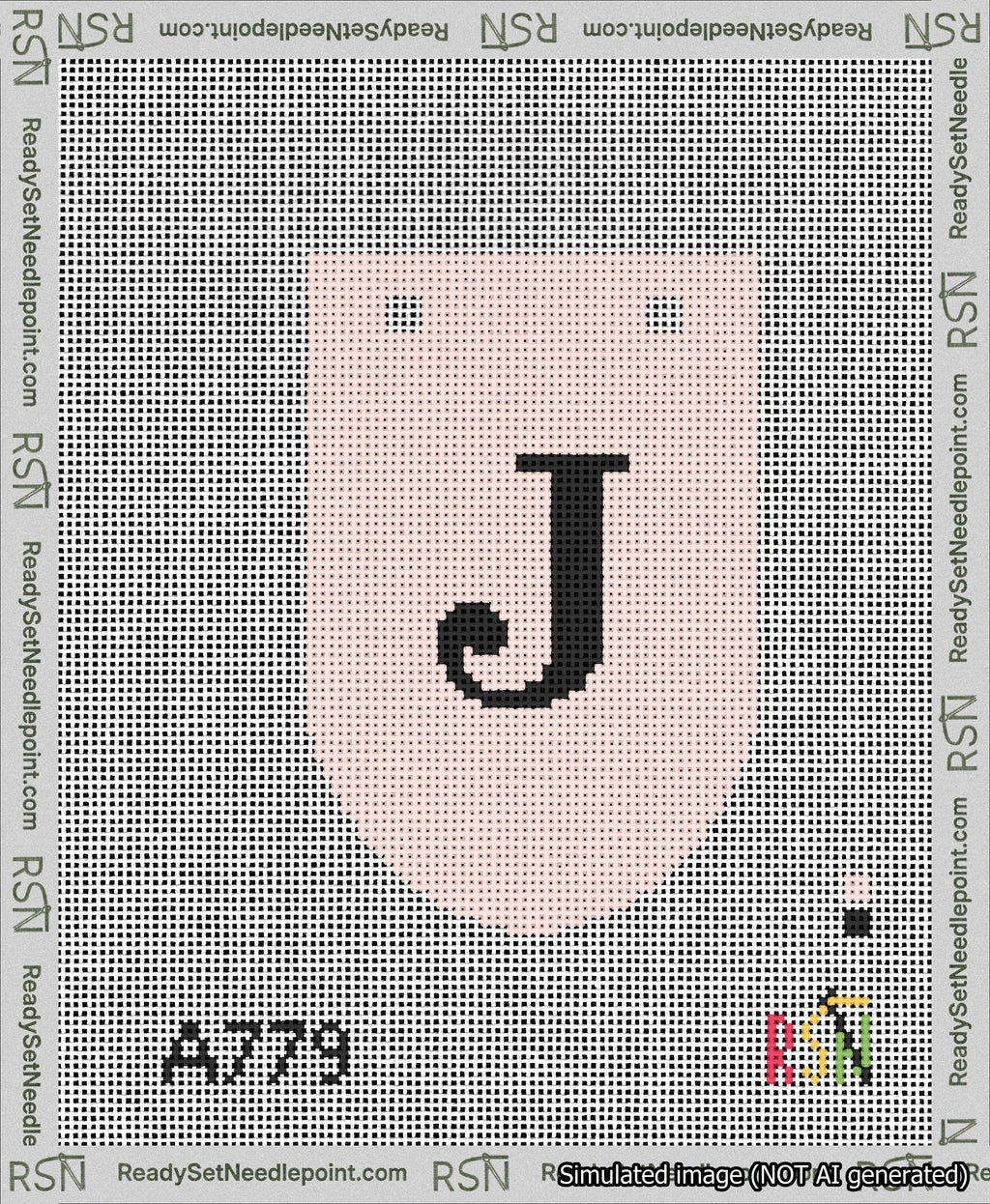 A taped needlepoint canvas with the design: Banner 13 mesh count Rounded J Black on Pink.