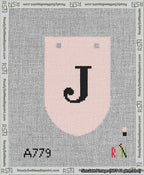 A taped needlepoint canvas with the design: Banner 13 mesh count Rounded J Black on Pink.