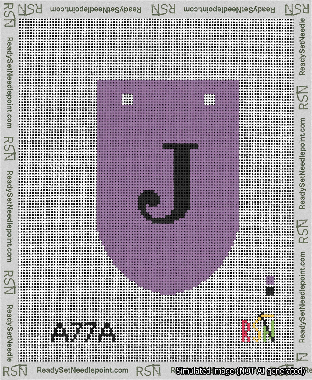 A taped needlepoint canvas with the design: Banner 13 mesh count Rounded J Black on Purple.