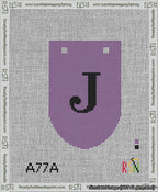 A taped needlepoint canvas with the design: Banner 13 mesh count Rounded J Black on Purple.