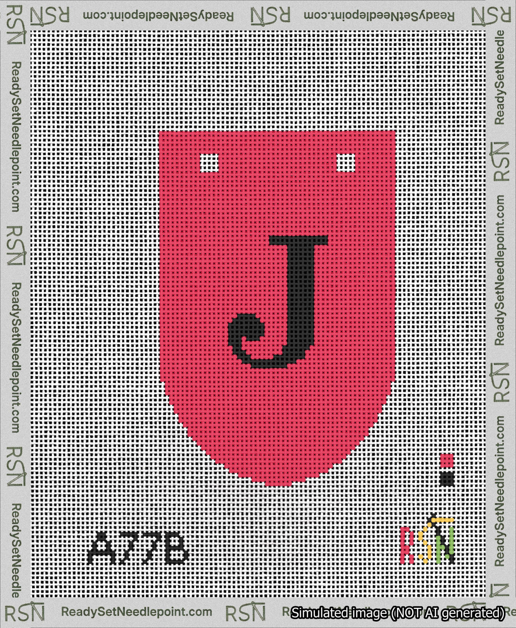 A taped needlepoint canvas with the design: Banner 13 mesh count Rounded J Black on Red.