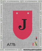 A taped needlepoint canvas with the design: Banner 13 mesh count Rounded J Black on Red.