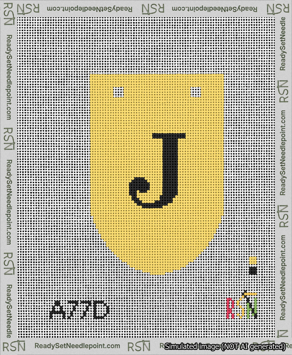 A taped needlepoint canvas with the design: Banner 13 mesh count Rounded J Black on Yellow.