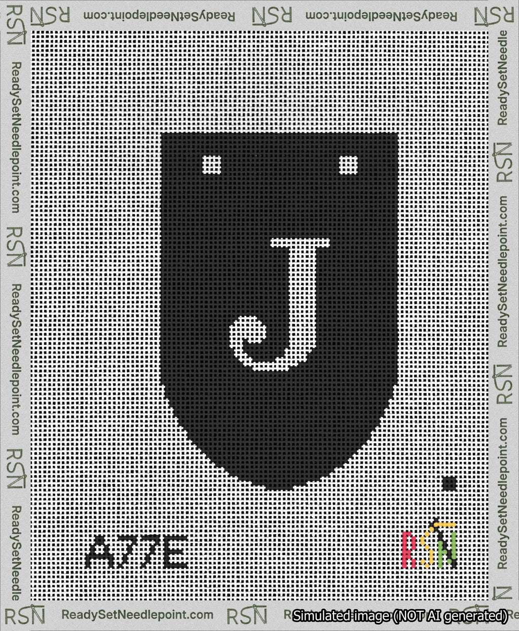 A taped needlepoint canvas with the design: Banner 13 mesh count Rounded J White on Black.