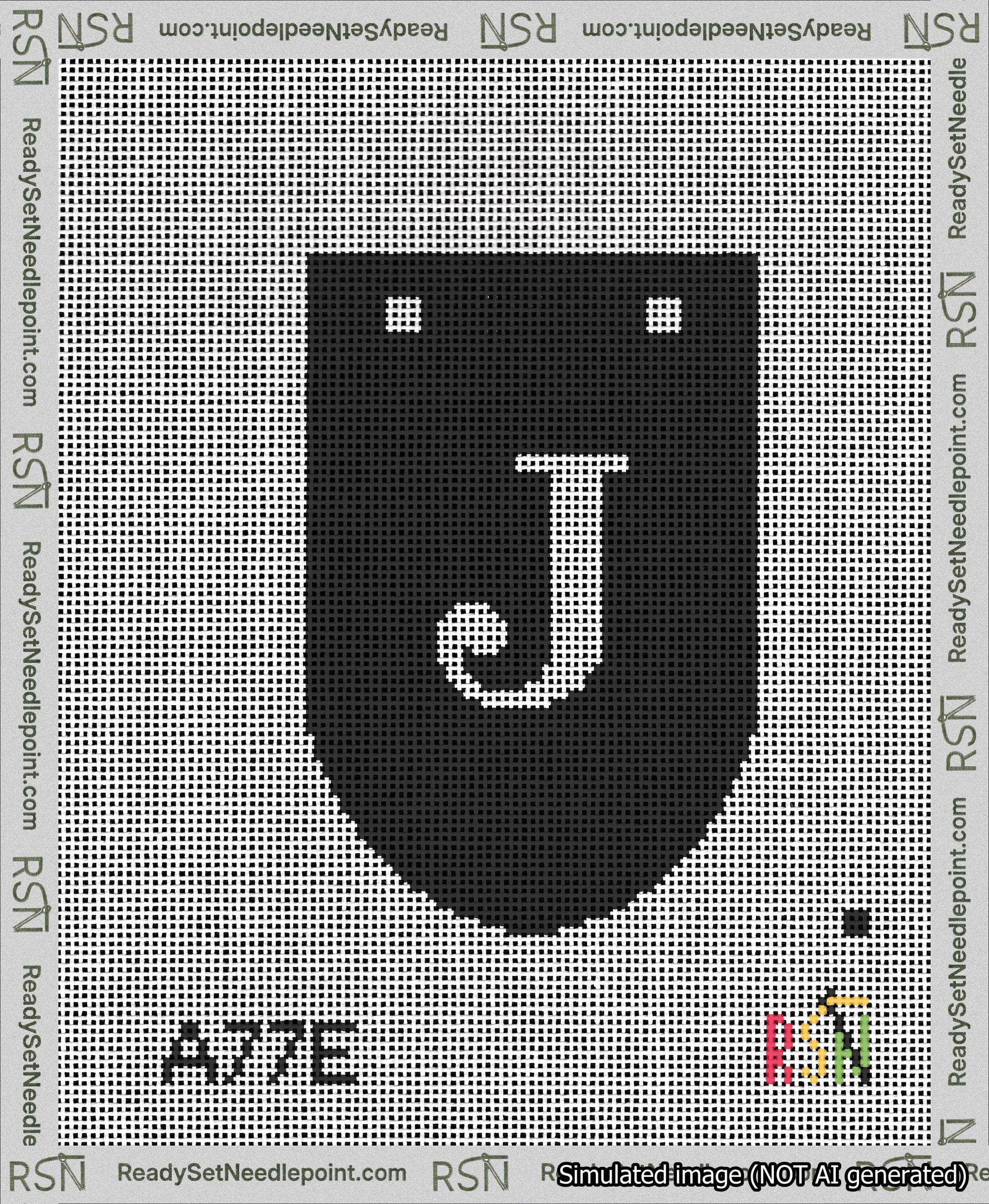 A taped needlepoint canvas with the design: Banner 13 mesh count Rounded J White on Black.