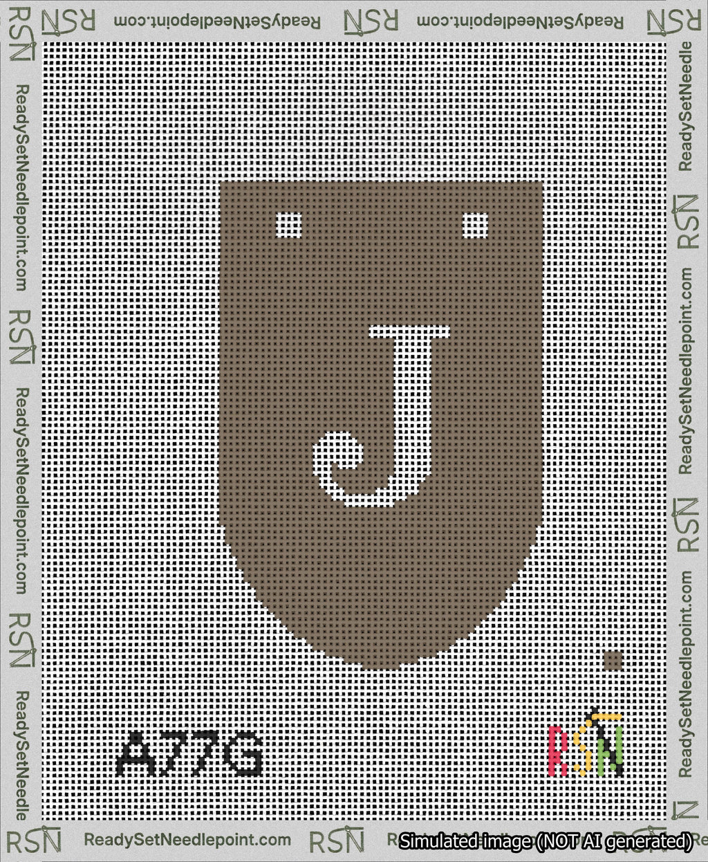 A taped needlepoint canvas with the design: Banner 13 mesh count Rounded J White on Brown.