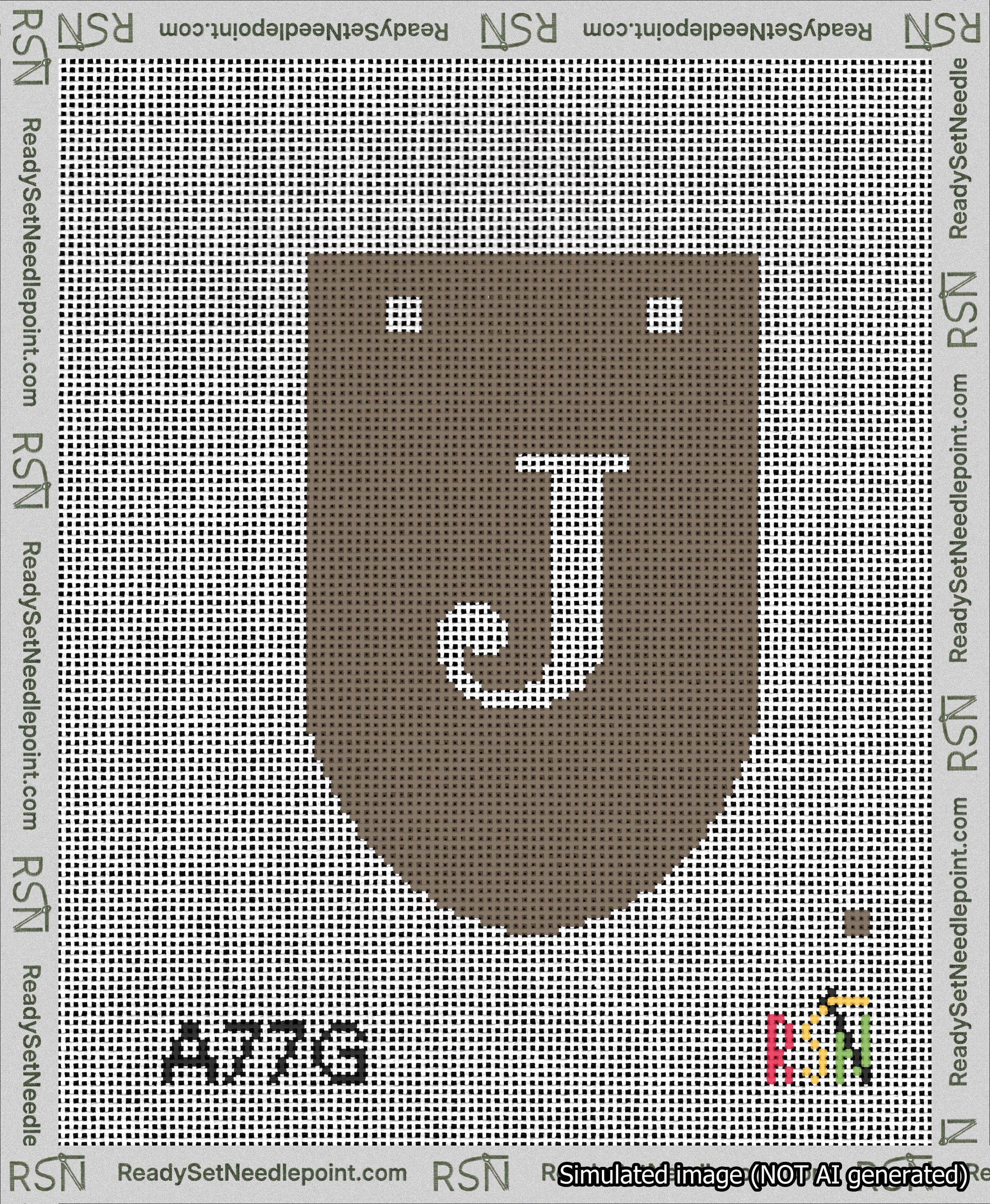 A taped needlepoint canvas with the design: Banner 13 mesh count Rounded J White on Brown.