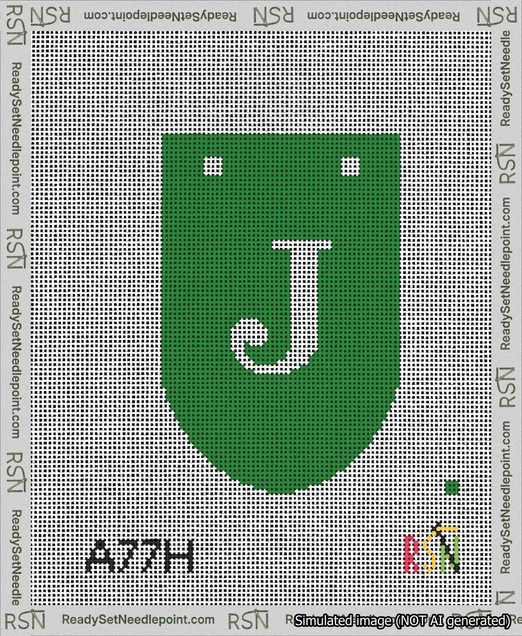 A taped needlepoint canvas with the design: Banner 13 mesh count Rounded J White on Green.