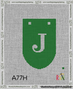 A taped needlepoint canvas with the design: Banner 13 mesh count Rounded J White on Green.