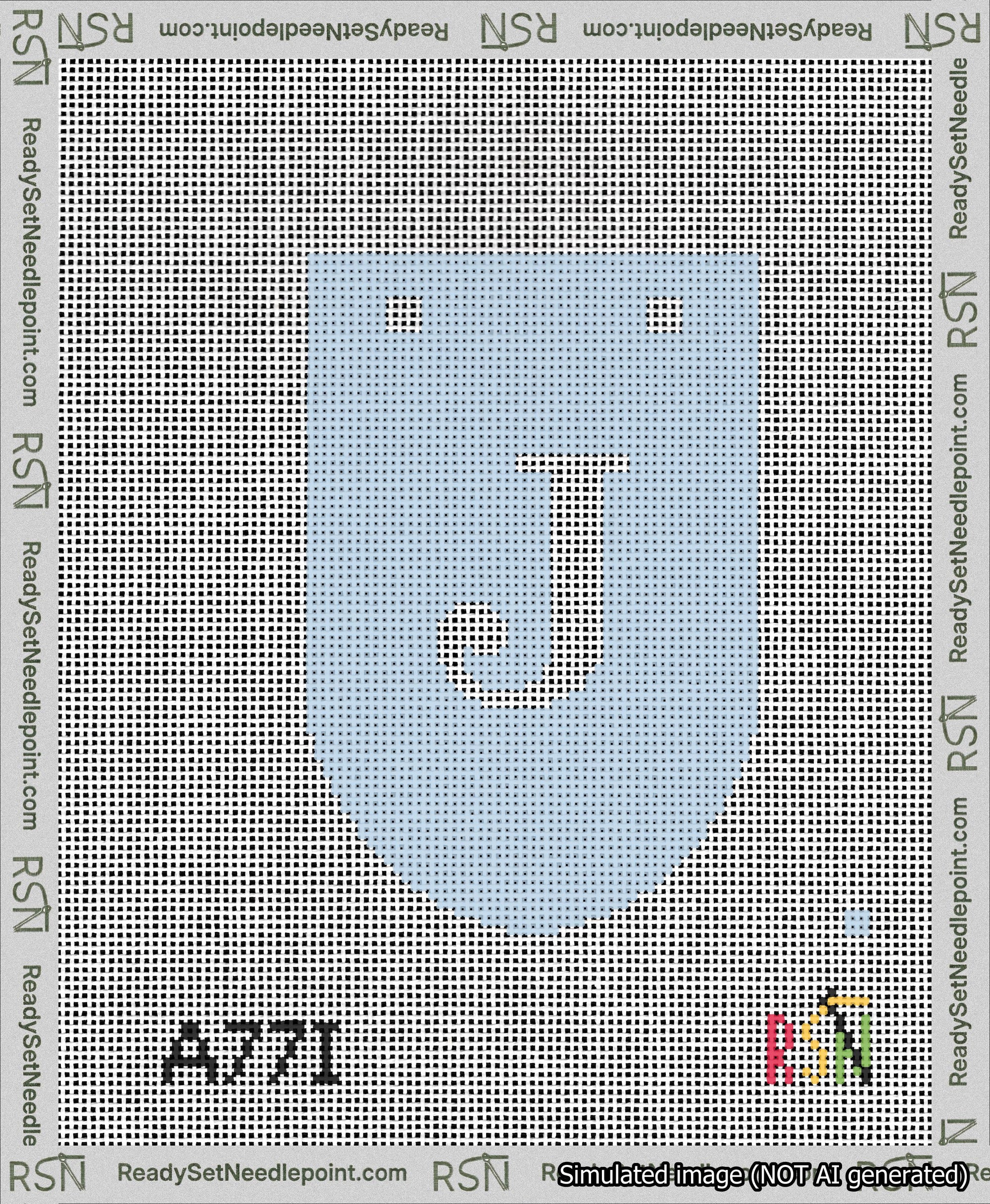 A taped needlepoint canvas with the design: Banner 13 mesh count Rounded J White on Light Blue.