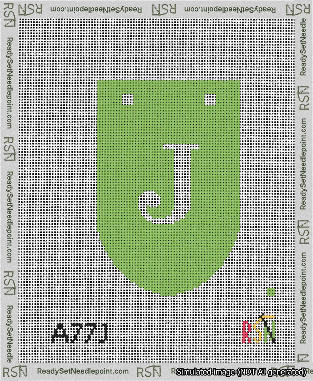 A taped needlepoint canvas with the design: Banner 13 mesh count Rounded J White on Light Green.
