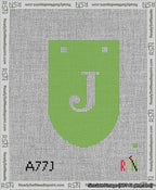 A taped needlepoint canvas with the design: Banner 13 mesh count Rounded J White on Light Green.
