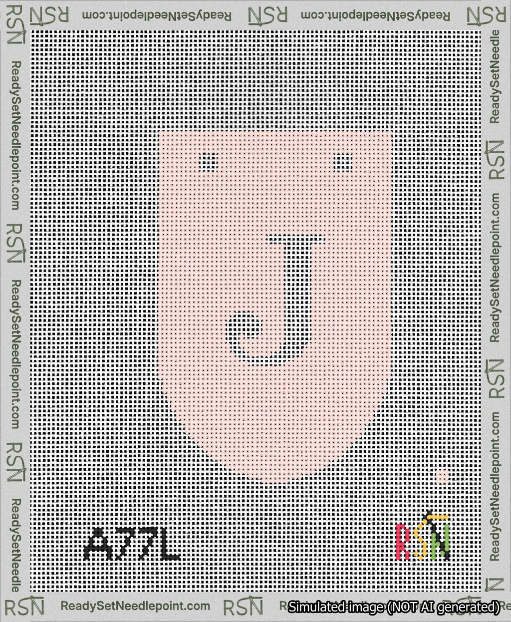A taped needlepoint canvas with the design: Banner 13 mesh count Rounded J White on Pink.