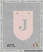 A taped needlepoint canvas with the design: Banner 13 mesh count Rounded J White on Pink.