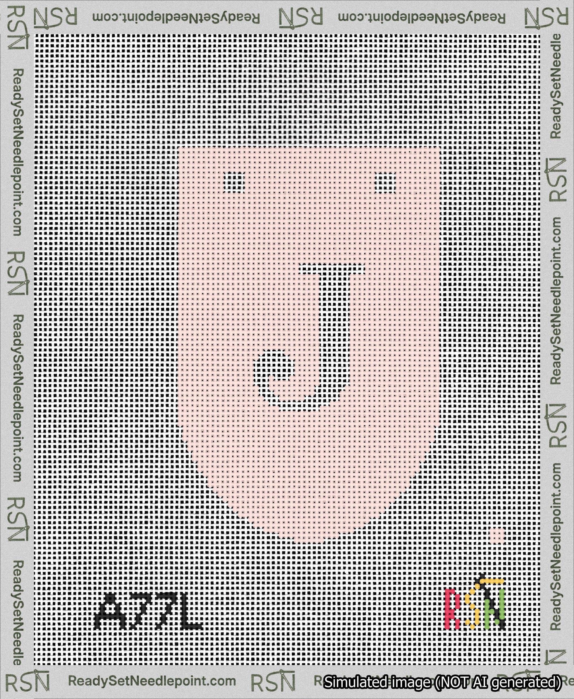 A taped needlepoint canvas with the design: Banner 13 mesh count Rounded J White on Pink.