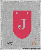 A taped needlepoint canvas with the design: Banner 13 mesh count Rounded J White on Red.