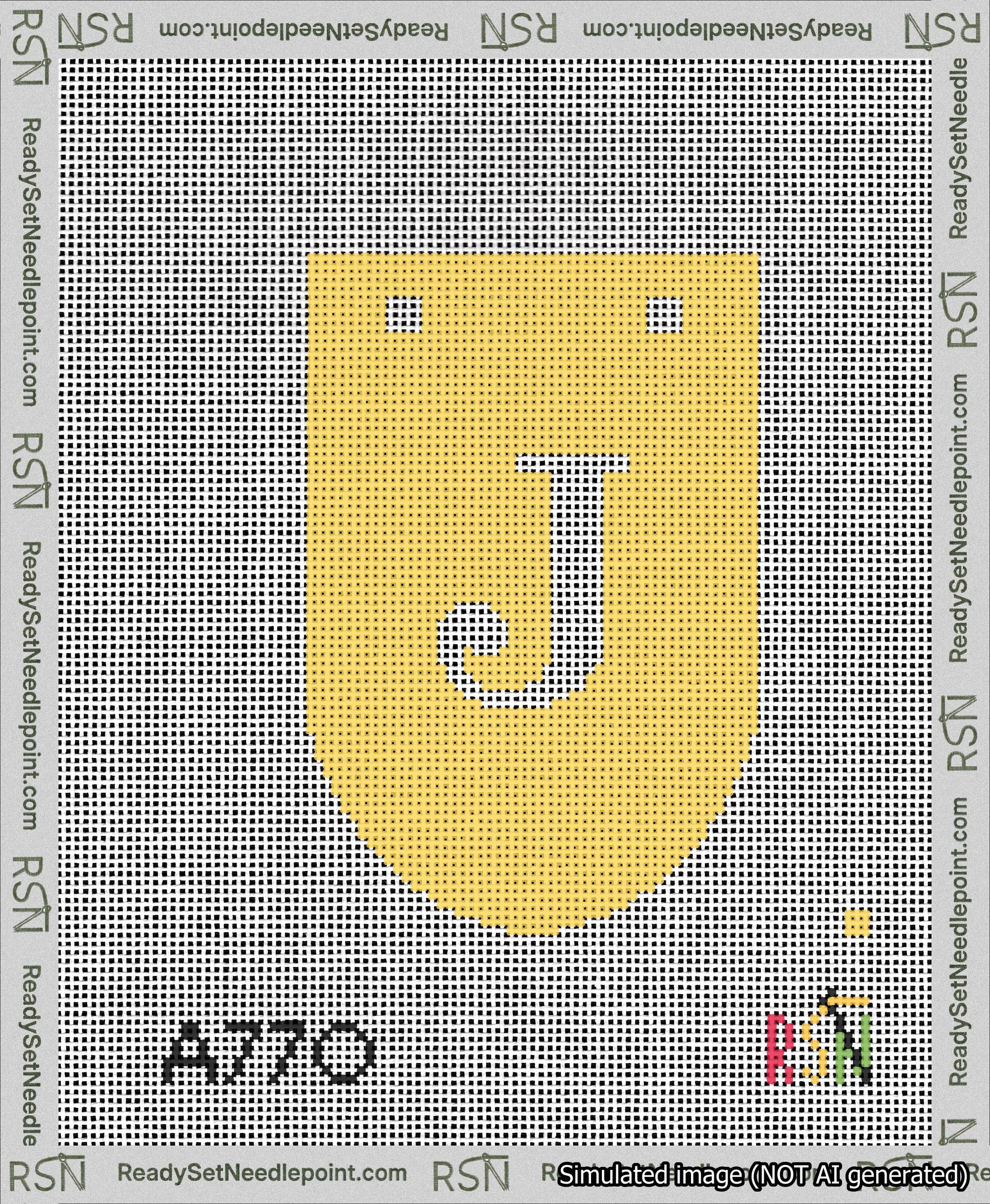 A taped needlepoint canvas with the design: Banner 13 mesh count Rounded J White on Yellow.
