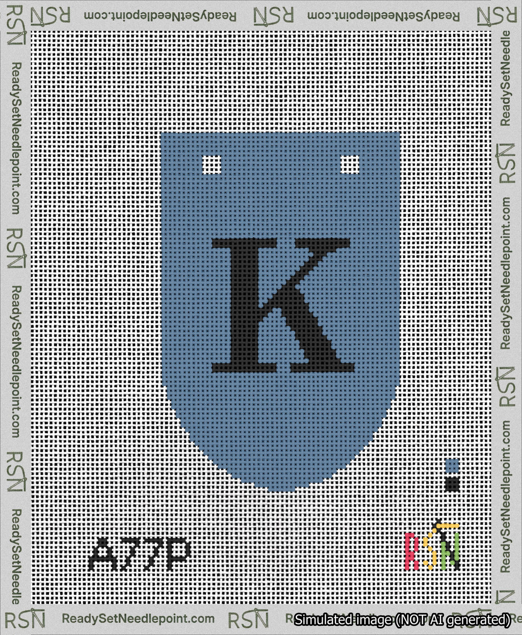 A taped needlepoint canvas with the design: Banner 13 mesh count Rounded K Black on Blue.