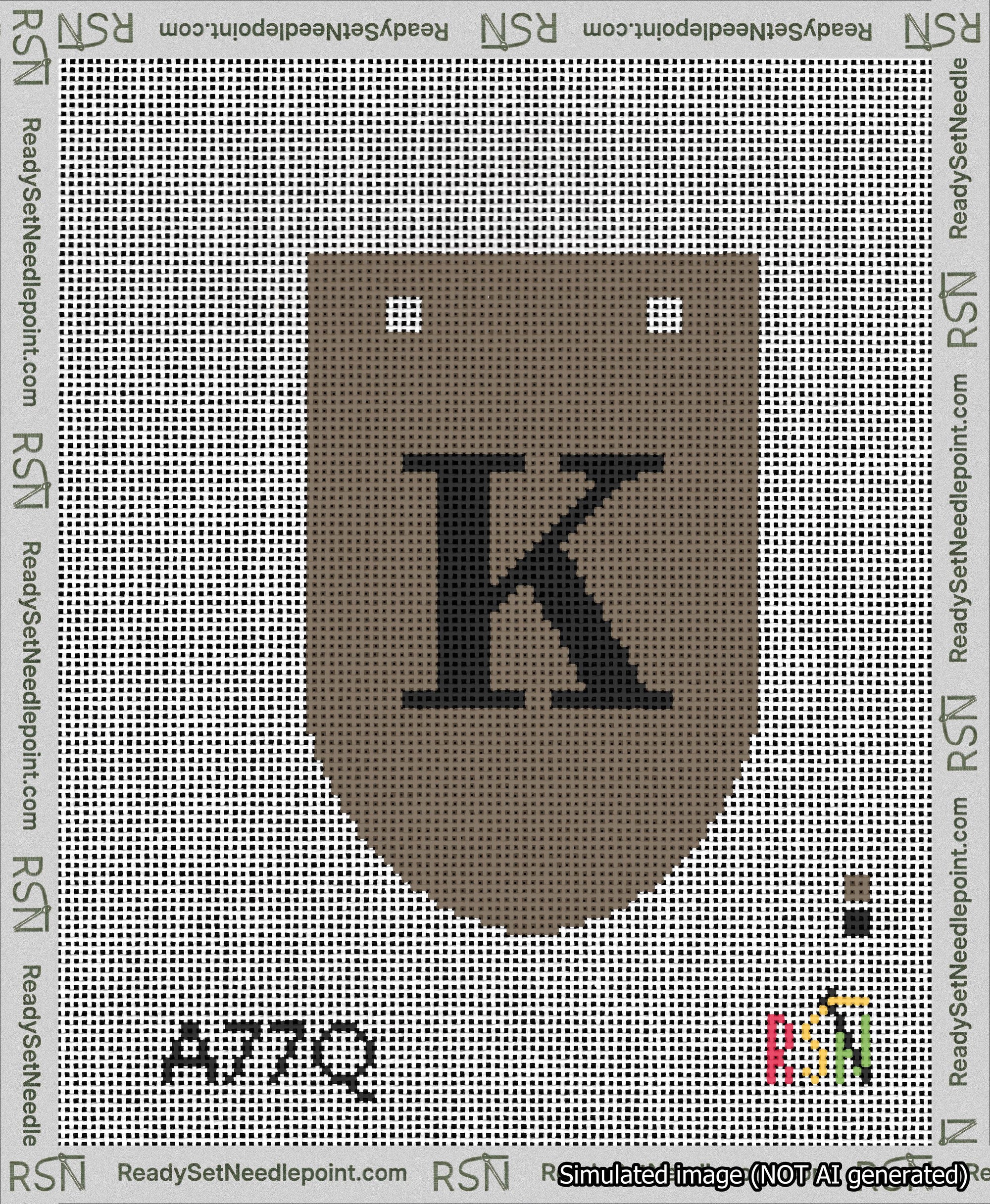 A taped needlepoint canvas with the design: Banner 13 mesh count Rounded K Black on Brown.